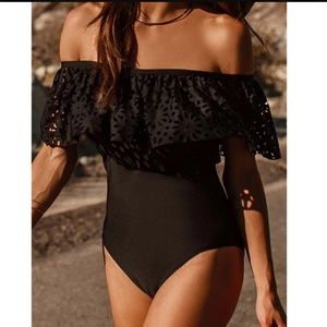 Super cute off the shoulder black bathing suit